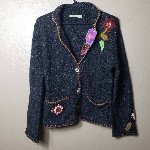 Relais Mohair Blend Floral Applique Sweater 2 Button Blazer-Size S - Picture 3 of 9